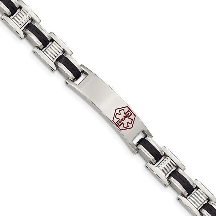 Chisel Stainless Steel Polished with Red Enamel and Black Rubber Medical ID 8 inch Link Bracelet TreasureFineJewelers Bracelets Chisel Stainless Steel Polished with Red Enamel and Black Rubber Medical ID 8 inch Link Bracelet TreasureFineJewelers Bracelets