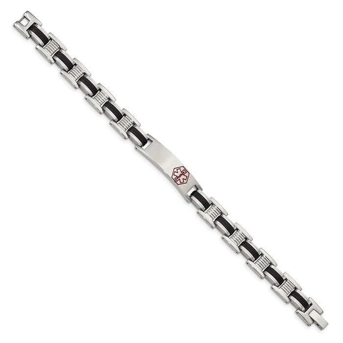 Chisel Stainless Steel Polished with Red Enamel and Black Rubber Medical ID 8 inch Link Bracelet TreasureFineJewelers Bracelets