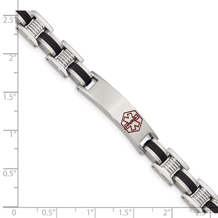 Chisel Stainless Steel Polished with Red Enamel and Black Rubber Medical ID 8 inch Link Bracelet TreasureFineJewelers Bracelets