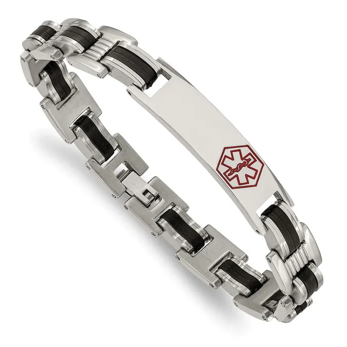 Chisel Stainless Steel Polished with Red Enamel and Black Rubber Medical ID 8 inch Link Bracelet TreasureFineJewelers Bracelets