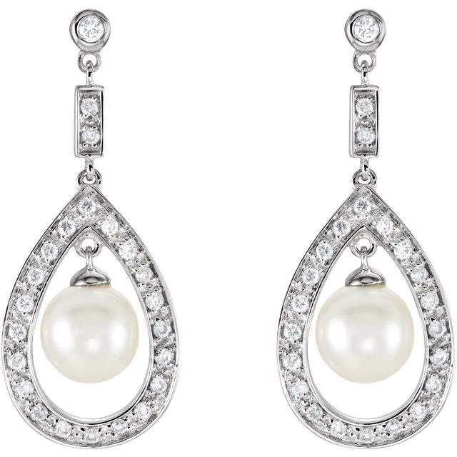 Earrings 14K White Gold Freshwater Cultured Pearl 14 CTW Diamond Earrings TreasureFineJewelers