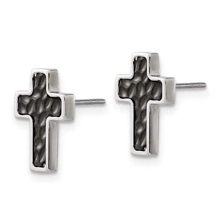 Earrings TreasureFineJewelers Stainless Steel Brushed and Polished Black IP Textured Cross Earrings