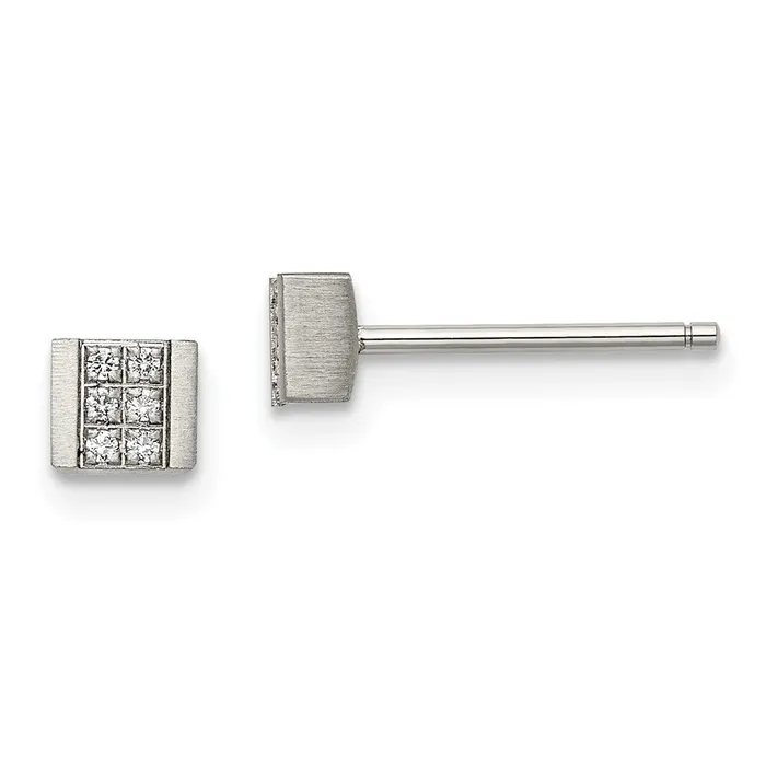 Earrings TreasureFineJewelers Stainless Steel Brushed wCZ Square Post Earrings Earrings TreasureFineJewelers Stainless Steel Brushed wCZ Square Post Earrings
