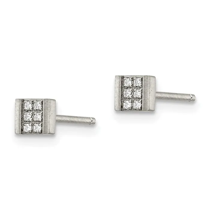 Earrings TreasureFineJewelers Stainless Steel Brushed wCZ Square Post Earrings
