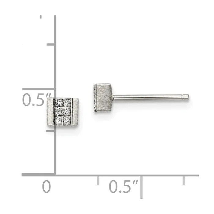 Earrings TreasureFineJewelers Stainless Steel Brushed wCZ Square Post Earrings