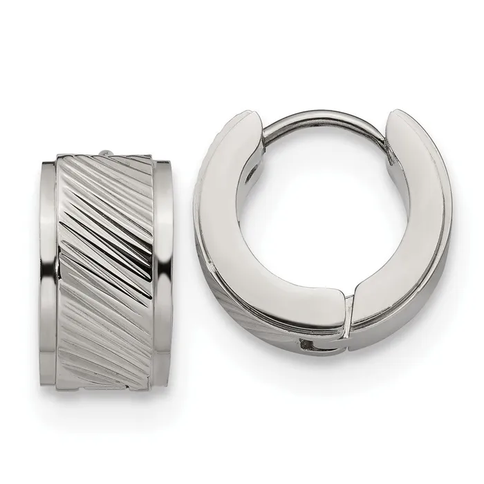 Earrings TreasureFineJewelers Stainless Steel Polished and Textured 7mm Hinged Hoop Earrings Earrings TreasureFineJewelers Stainless Steel Polished and Textured 7mm Hinged Hoop Earrings