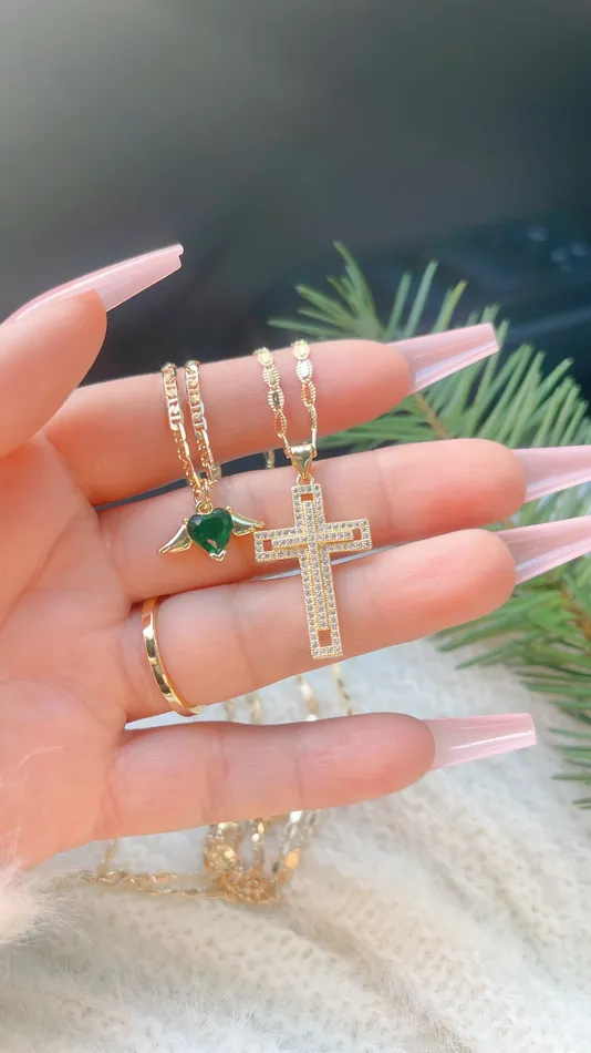 Emerald Heart Cross Necklace Set MP Jewelry Necklaces