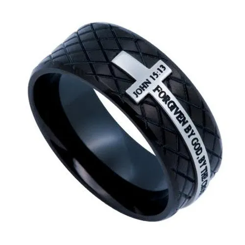 FORGIVEN Ring John 1513 Stainless Steel Black Diamond Back Cross North Arrow Shop Rings FORGIVEN Ring John 1513 Stainless Steel Black Diamond Back Cross North Arrow Shop Rings