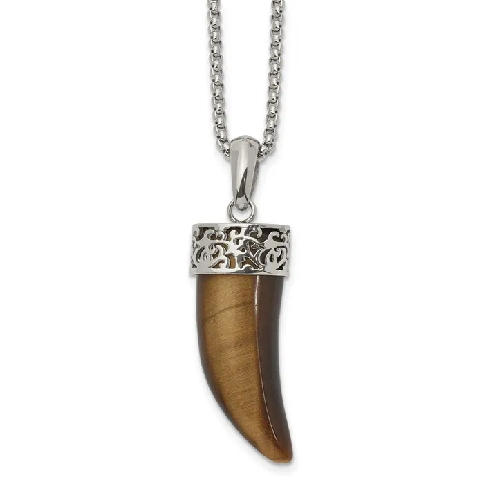 Necklaces Chisel Stainless Steel Polished Tigers Eye Horn Pendant on a 24 inch Box Chain Necklace TreasureFineJewelers Necklaces Chisel Stainless Steel Polished Tigers Eye Horn Pendant on a 24 inch Box Chain Necklace TreasureFineJewelers