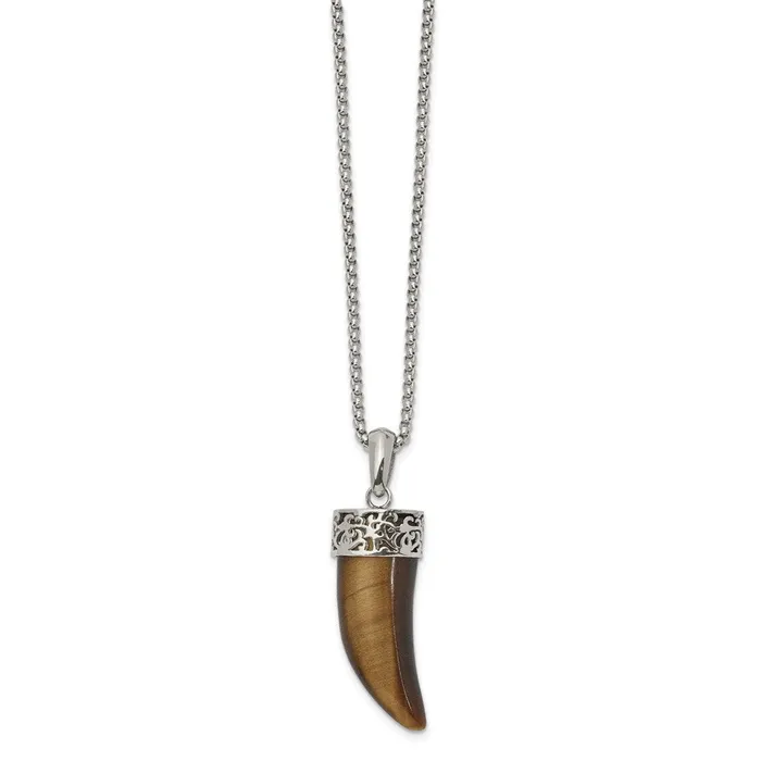 Necklaces Chisel Stainless Steel Polished Tigers Eye Horn Pendant on a 24 inch Box Chain Necklace TreasureFineJewelers