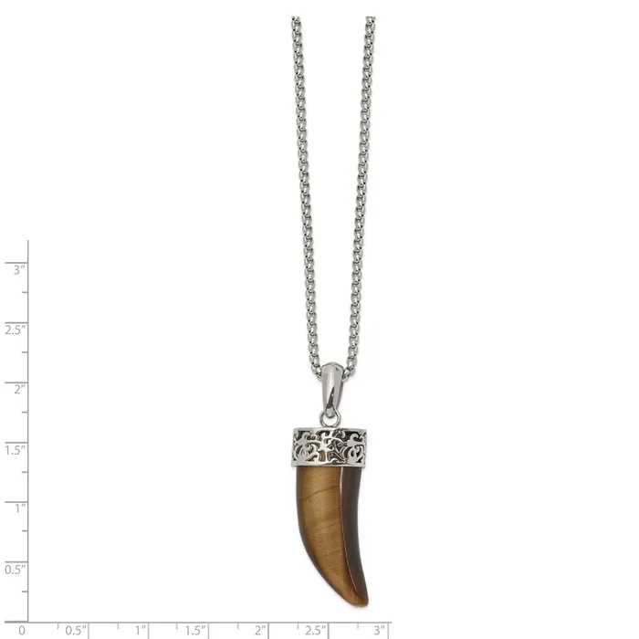 Necklaces Chisel Stainless Steel Polished Tigers Eye Horn Pendant on a 24 inch Box Chain Necklace TreasureFineJewelers