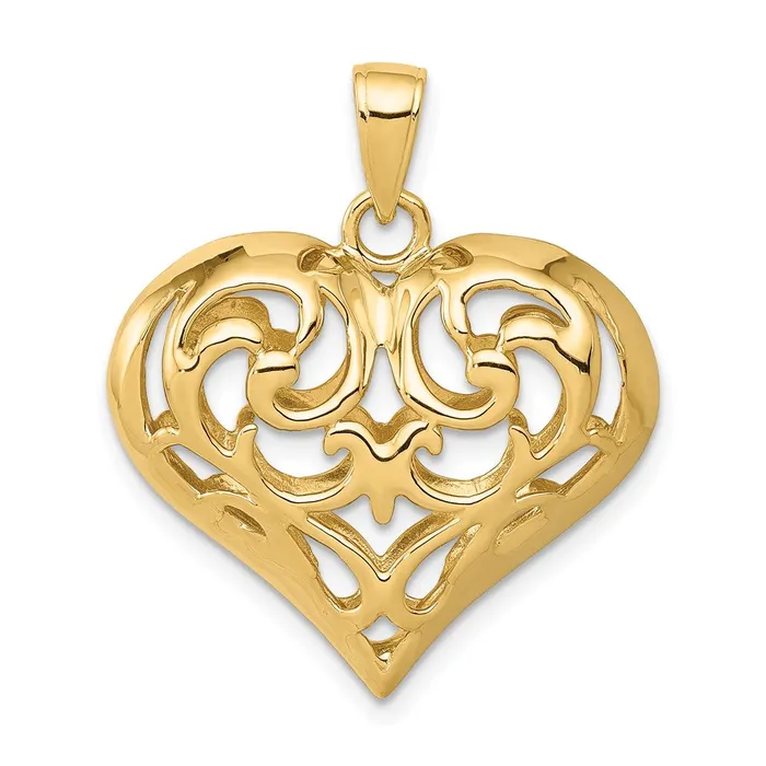 Necklaces TreasureFineJewelers 14K Polished 3D Filigree Puffed Heart Pendant Necklaces TreasureFineJewelers 14K Polished 3D Filigree Puffed Heart Pendant