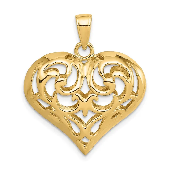 Necklaces TreasureFineJewelers 14K Polished 3D Filigree Puffed Heart Pendant
