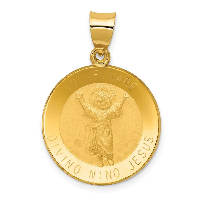 Necklaces TreasureFineJewelers 14k Yellow Gold Polished Satin Hollow Divino Nino Round Medal Pendant Necklaces TreasureFineJewelers 14k Yellow Gold Polished Satin Hollow Divino Nino Round Medal Pendant