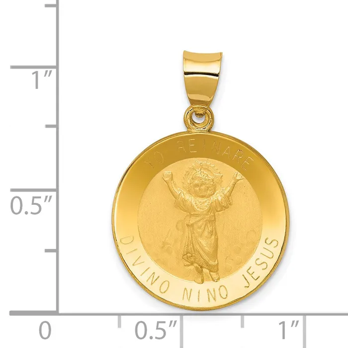 Necklaces TreasureFineJewelers 14k Yellow Gold Polished Satin Hollow Divino Nino Round Medal Pendant