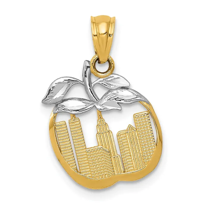 Necklaces TreasureFineJewelers 14k Yellow Gold Rhodium with White Gold Rhodium Cutout New York Skyline in Apple Pendant Necklaces TreasureFineJewelers 14k Yellow Gold Rhodium with White Gold Rhodium Cutout New York Skyline in Apple Pendant