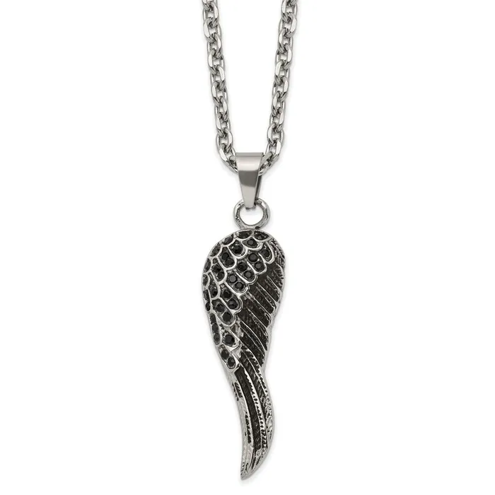 Necklaces TreasureFineJewelers Stainless Steel 24in Polished Antiqued with Black Crystal Wing Necklace Necklaces TreasureFineJewelers Stainless Steel 24in Polished Antiqued with Black Crystal Wing Necklace