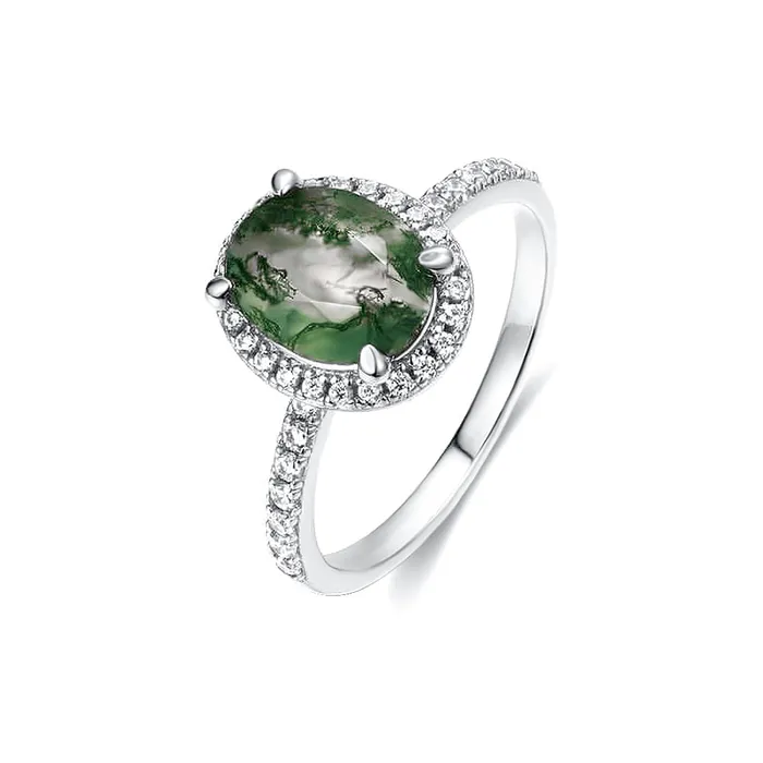 Oval Natural Green Diamond Moss Agate Ring Trendolla Jewelry Rings