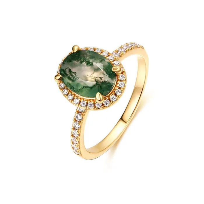 Oval Natural Green Diamond Moss Agate Ring Trendolla Jewelry Rings