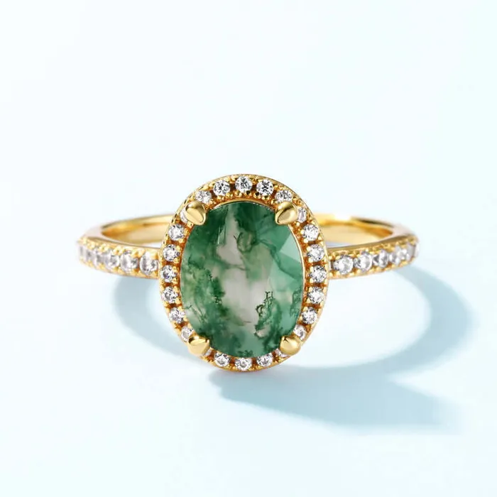 Oval Natural Green Diamond Moss Agate Ring Trendolla Jewelry Rings