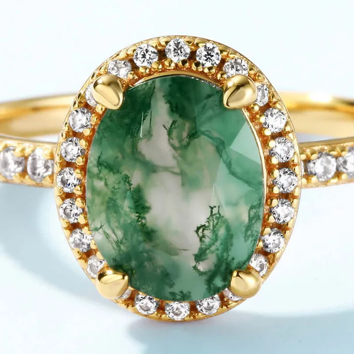 Oval Natural Green Diamond Moss Agate Ring Trendolla Jewelry Rings