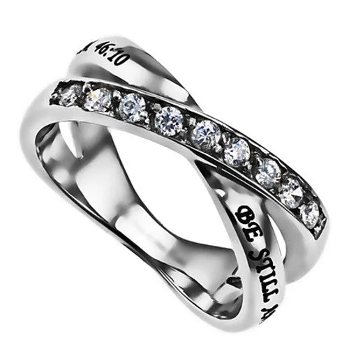 Psalm 4610 BE STILL Ring Bible Verse Criss Cross Stainless Steel with Clear CZ North Arrow Shop Rings Psalm 4610 BE STILL Ring Bible Verse Criss Cross Stainless Steel with Clear CZ North Arrow Shop Rings
