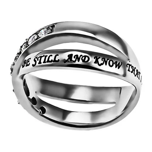 Psalm 4610 BE STILL Ring Bible Verse Criss Cross Stainless Steel with Clear CZ North Arrow Shop Rings Psalm 4610 BE STILL Ring Bible Verse Criss Cross Stainless Steel with Clear CZ North Arrow Shop Rings