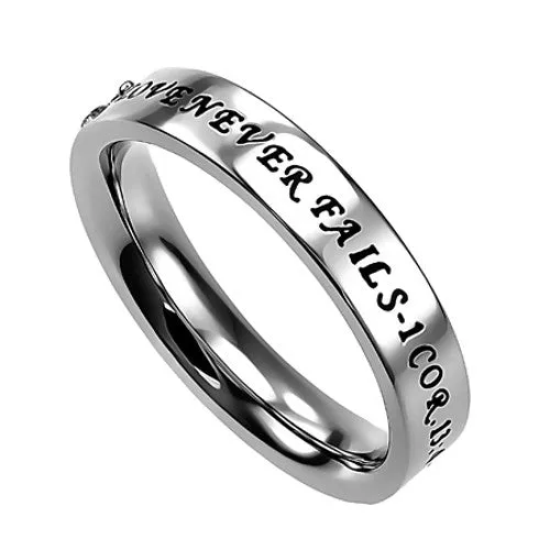 Rings LOVE NEVER FAILS 1 Corinthians Ring Stainless Steel with CZ Stones North Arrow Shop Rings LOVE NEVER FAILS 1 Corinthians Ring Stainless Steel with CZ Stones North Arrow Shop