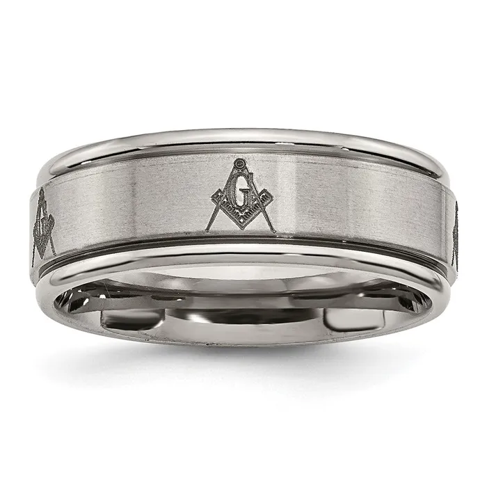 Rings Titanium Brushed Polished Masonic Laser Design 8mm Ridged Edge Band TreasureFineJewelers Rings Titanium Brushed Polished Masonic Laser Design 8mm Ridged Edge Band TreasureFineJewelers