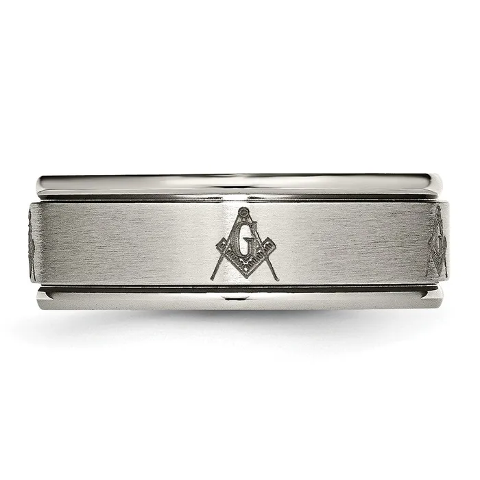 Rings Titanium Brushed Polished Masonic Laser Design 8mm Ridged Edge Band TreasureFineJewelers