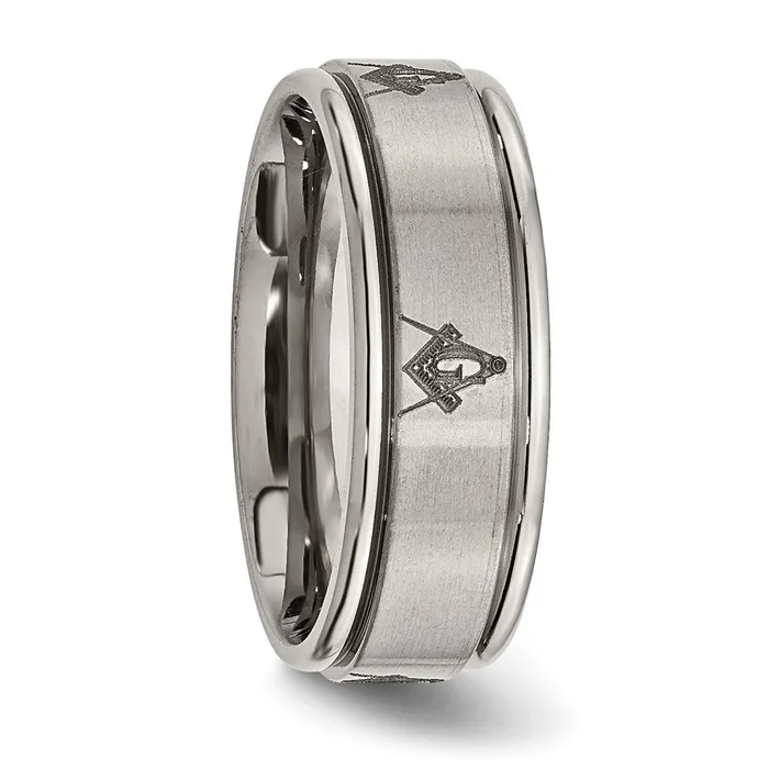 Rings Titanium Brushed Polished Masonic Laser Design 8mm Ridged Edge Band TreasureFineJewelers