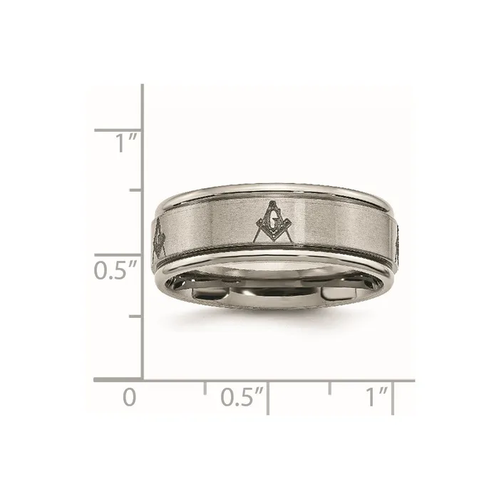 Rings Titanium Brushed Polished Masonic Laser Design 8mm Ridged Edge Band TreasureFineJewelers