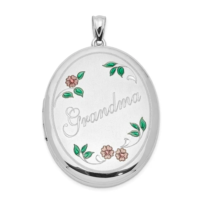 Rings TreasureFineJewelers Sterling Silver Rhodplated Enameled Floral Grandma 34mm Oval Locket Rings TreasureFineJewelers Sterling Silver Rhodplated Enameled Floral Grandma 34mm Oval Locket