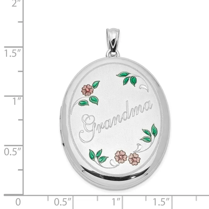 Rings TreasureFineJewelers Sterling Silver Rhodplated Enameled Floral Grandma 34mm Oval Locket