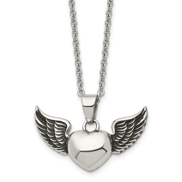 Stainless Steel Antiqued and Polished Heart with Wings 18in Necklace TreasureFineJewelers Necklaces Stainless Steel Antiqued and Polished Heart with Wings 18in Necklace TreasureFineJewelers Necklaces