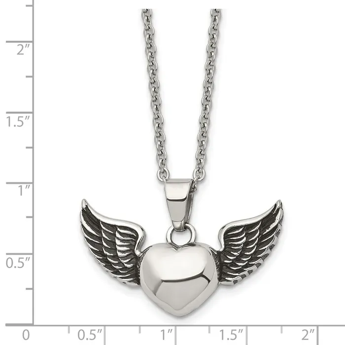Stainless Steel Antiqued and Polished Heart with Wings 18in Necklace TreasureFineJewelers Necklaces