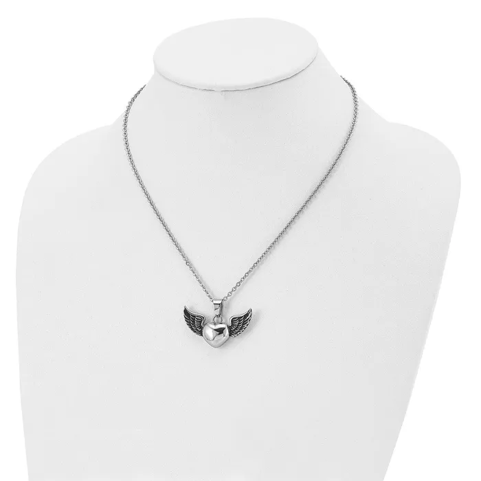Stainless Steel Antiqued and Polished Heart with Wings 18in Necklace TreasureFineJewelers Necklaces