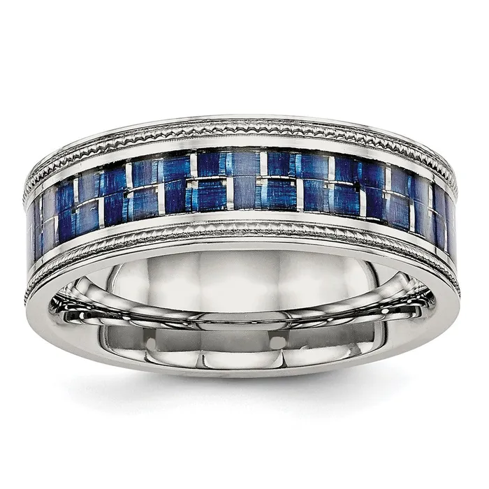 Stainless Steel Polished Blue Carbon Fiber Inlay Textured Edge 8mm Band TreasureFineJewelers Rings Stainless Steel Polished Blue Carbon Fiber Inlay Textured Edge 8mm Band TreasureFineJewelers Rings