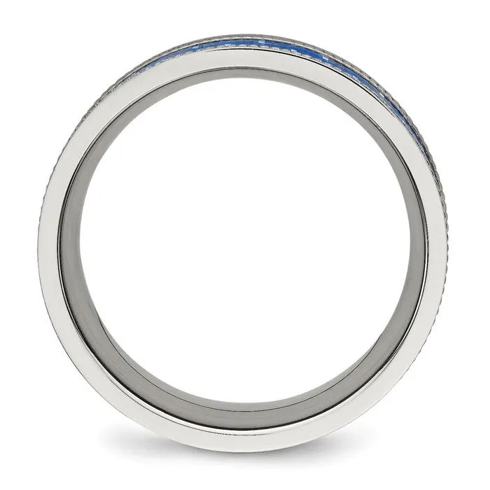 Stainless Steel Polished Blue Carbon Fiber Inlay Textured Edge 8mm Band TreasureFineJewelers Rings
