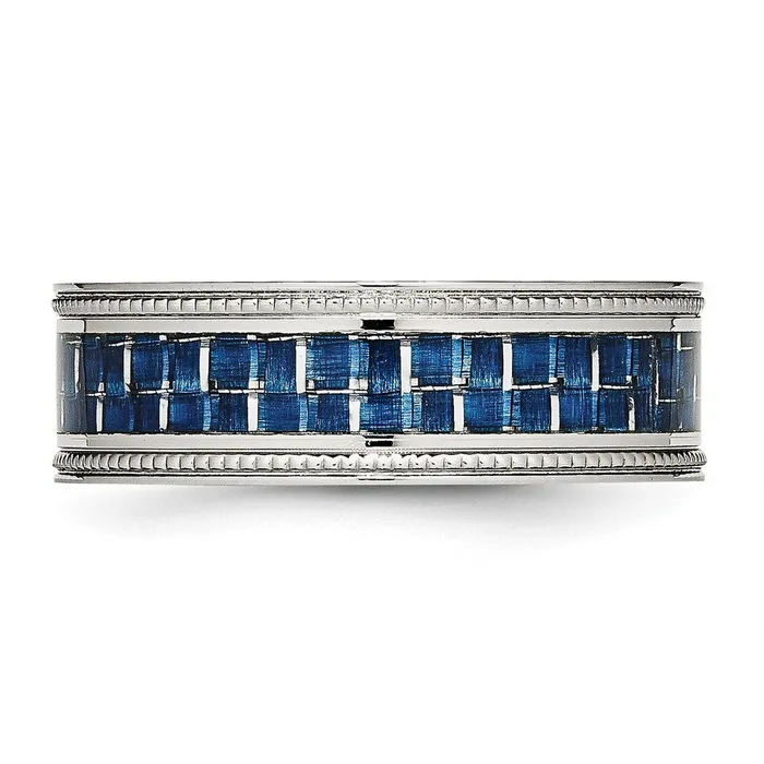 Stainless Steel Polished Blue Carbon Fiber Inlay Textured Edge 8mm Band TreasureFineJewelers Rings