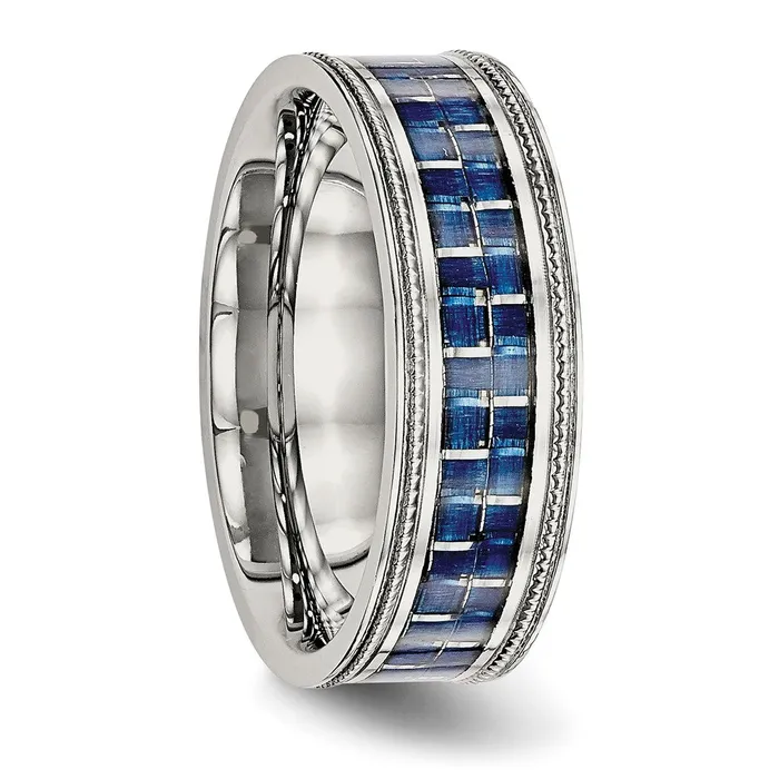 Stainless Steel Polished Blue Carbon Fiber Inlay Textured Edge 8mm Band TreasureFineJewelers Rings