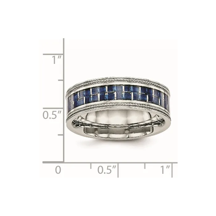 Stainless Steel Polished Blue Carbon Fiber Inlay Textured Edge 8mm Band TreasureFineJewelers Rings