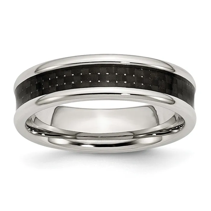 Stainless Steel Polished w Black Carbon Fiber Inlay 6mm Band TreasureFineJewelers Rings Stainless Steel Polished w Black Carbon Fiber Inlay 6mm Band TreasureFineJewelers Rings