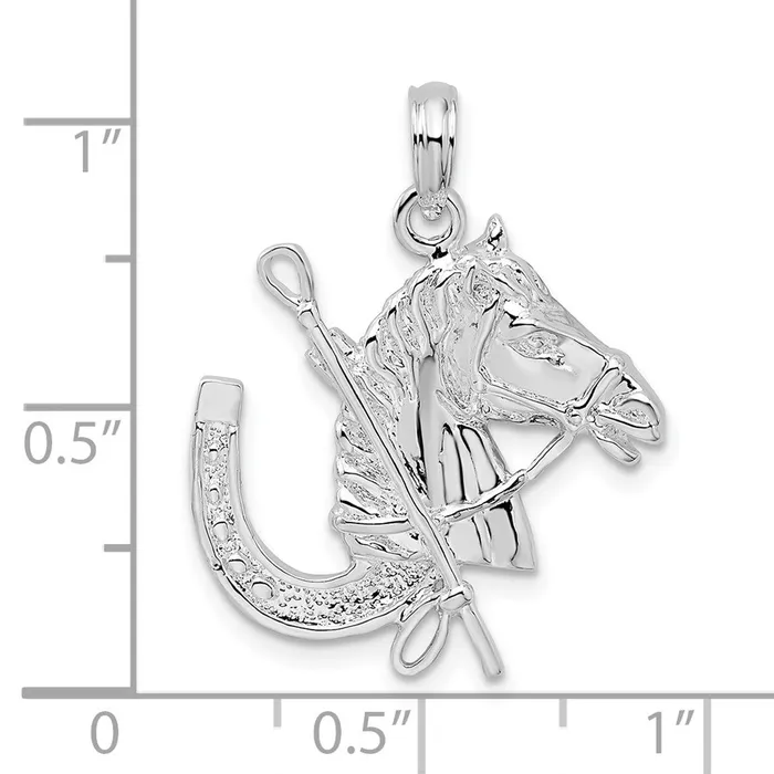 Sterling Silver Polished Horse Head wCrop and Horseshoe Pendant TreasureFineJewelers Necklaces