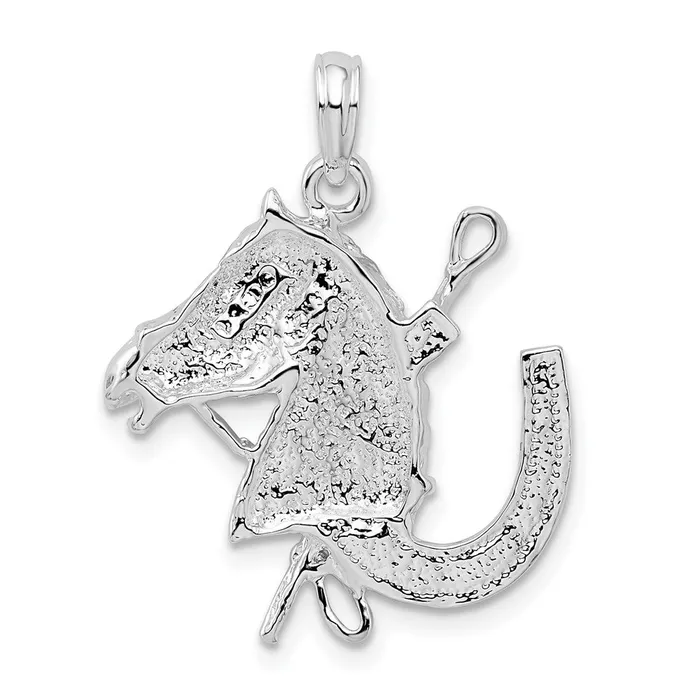Sterling Silver Polished Horse Head wCrop and Horseshoe Pendant TreasureFineJewelers Necklaces