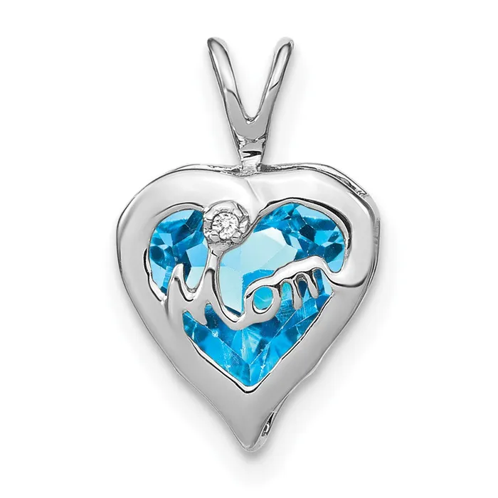 TreasureFineJewelers 14k White Gold Blue Topaz and Diamond MOM Heart Pendant Necklaces TreasureFineJewelers 14k White Gold Blue Topaz and Diamond MOM Heart Pendant Necklaces