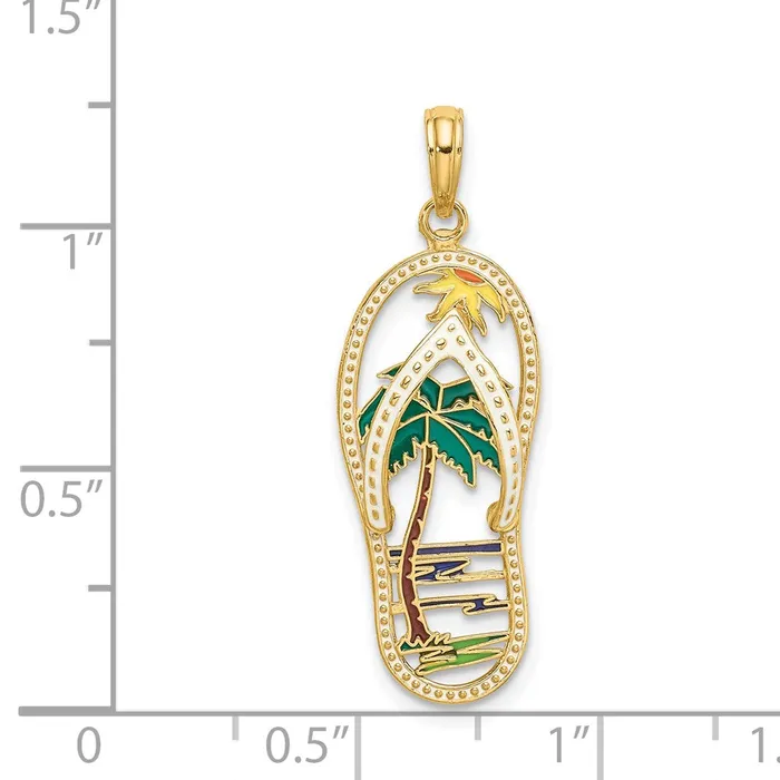 TreasureFineJewelers 14k Yellow Gold Enamel Palm Tree FlipFlop Charm Charm Necklaces