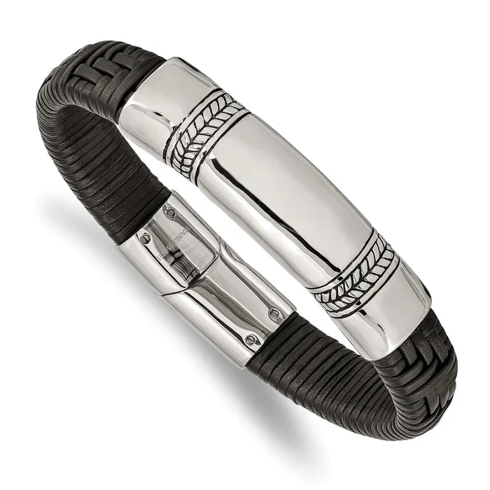 TreasureFineJewelers Bracelets Chisel Stainless Steel Antiqued and Polished Black Woven Leather 825 inch ID Bracelet TreasureFineJewelers Bracelets Chisel Stainless Steel Antiqued and Polished Black Woven Leather 825 inch ID Bracelet