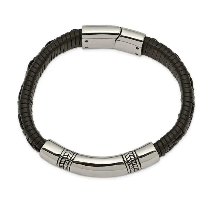 TreasureFineJewelers Bracelets Chisel Stainless Steel Antiqued and Polished Black Woven Leather 825 inch ID Bracelet