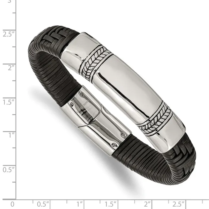 TreasureFineJewelers Bracelets Chisel Stainless Steel Antiqued and Polished Black Woven Leather 825 inch ID Bracelet